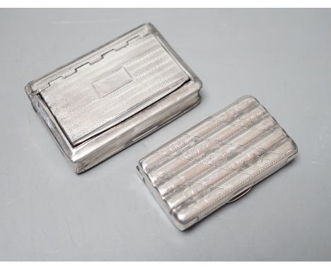 A George IV engine turned silver rectangular snuff box, Lawrence &amp; Co, Birmingham, 1824, 59mm and an earlier ribbed silve