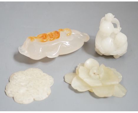 Two Chinese jade flower head carvings, Ming dynasty, a white Jade group of two boys and a monkey and an agate carving (4)