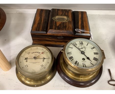A Victorian calamander veneered humidor / three divisional caddy together with a small barometer and bulkhead clock (3), humi