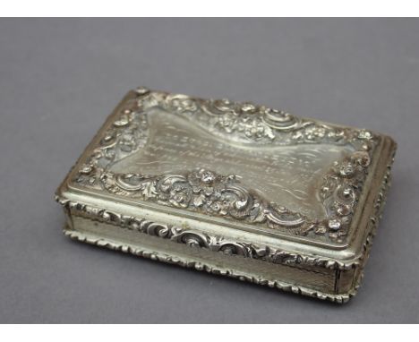 The 'Dublin Theatre Royal snuff box' - A George IV silver snuff box by Francis Clark, with deeply cast lid, thumbpiece and or