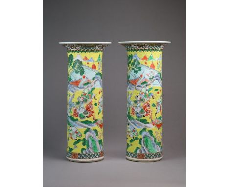A large pair of Chinese famille jaune style sleeve vases 19th Century Of cylindrical form with flared rims, decorated with dy