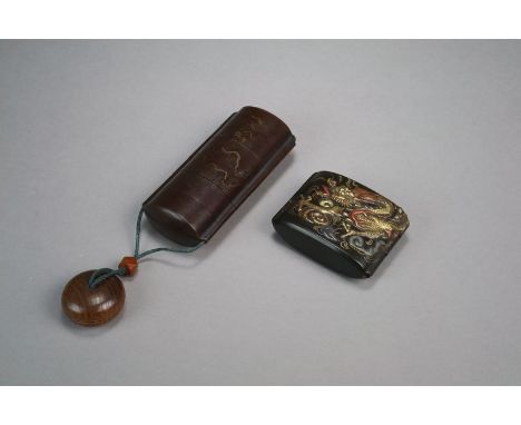 Two Japanese lacquer inro Unsigned, Meji period The first two-case, dark brown and lacquered in shades of gold, silver and re