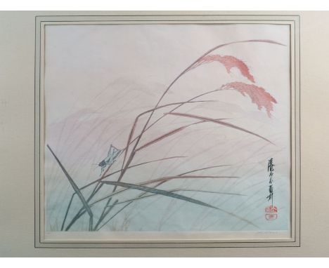 Yoshijiro Urushibara (1889-1953) Grasshopper on wind-blown grasses, woodblock print, signed in pencil lower right and numbere