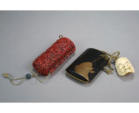 Two Japanese lacquer four-case inro Unsigned, Meiji period The first dark brown and lacquered in gold with a carp leaping ben