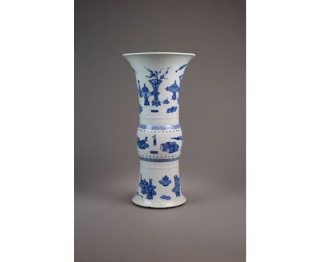 A large Chinese blue and white sleeve vase, Gu Kangxi Of near cylindrical form with slightly swollen centre section and gentl