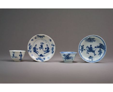 Two Chinese blue and white teabowls and saucers 18th Century The first of conical shape with slightly flared rim and decorate