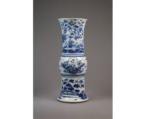 A Chinese blue and white sleeve vase, Gu Kangxi With swollen centre section between flaring rim and foot, decorated with land