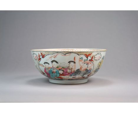A Chinese famille rose punch bowl Qianlong Of rounded form and decorated with a 'Rockefeller' type pattern of shaped panels c