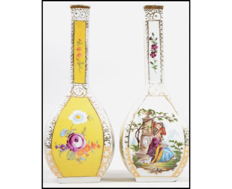 A pair of believed 19th century continental (possibly Meissen) onion vases having cartouche panels depicting scenes of courti