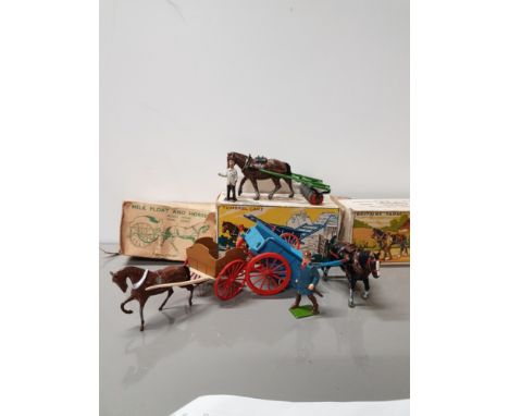 3 ORIGINAL 1950S BRITAINS FARM SERIES DIE CAST VEHICLES MILK FLOAT AND HORSE TUMBLECART 4F AND HORSE ROLLER 9F ALL IN ORIGINA