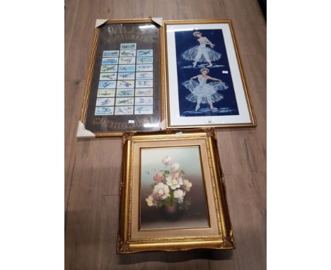 FRAMED AND MOUNTED WILLS CIGARETTE CARDS FRAMED TAPESTRY AND A OIL ON CANVAS SIGNED S LEIGH