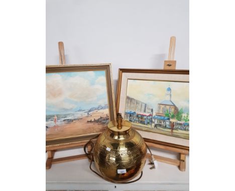 BRASS EASTERN STYLE TABLE LAMP BASE AND 2 OIL PAINTINGS SIGNED D R BROOKS