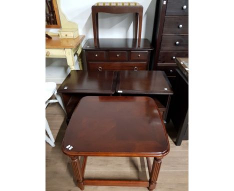 4 PIECES OF STAG FURNITURE INCLUDING CHEST OF DRAWERS AND PIANO STOOL PLUS MAHOGANY LAMP TABLE