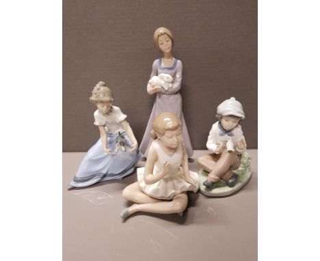 4 NAO FIGURINES INCLUDING GIRL WITH RABBIT AND BOY WITH DOVE