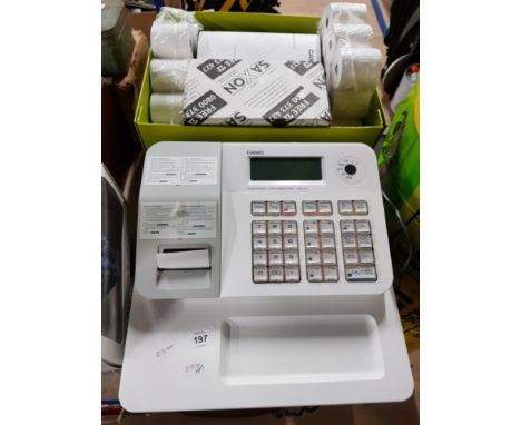 CASIO ELECTRONIC CASH TILL WITH A  BOX CONTAINING RECEIPT ROLLS ETC