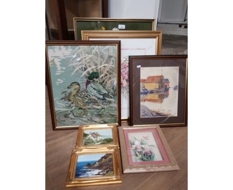 A LOT OF FRAMED ITEMS INC MINI OIL ON BOARDS FRAMED TAPESTRY ETC