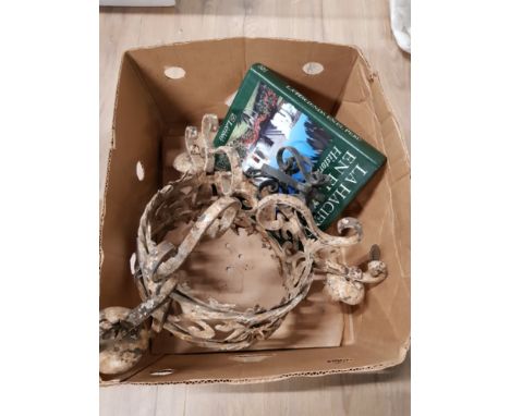 A BOX CONTAINING IRON WORK HACIENDA CHANDELIER ETC