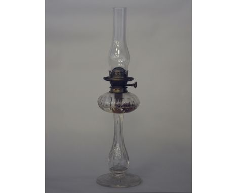 Victorian cut glass table oil lamp, with baluster stem, Hinks &amp; Son burner and later chimney, 65cm high