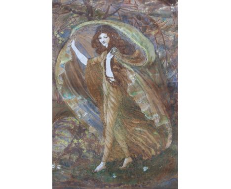 Ann Macbeth (1875-1948) - Watercolour and gouache - Portrait, in the Art Nouveau style, of a young lady holding a shawl and s