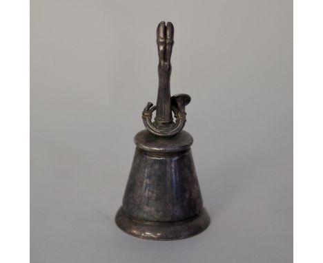 Silver plated 'Hunting themed' table bell, the handle modelled with horn and deer leg, 13.5cm high