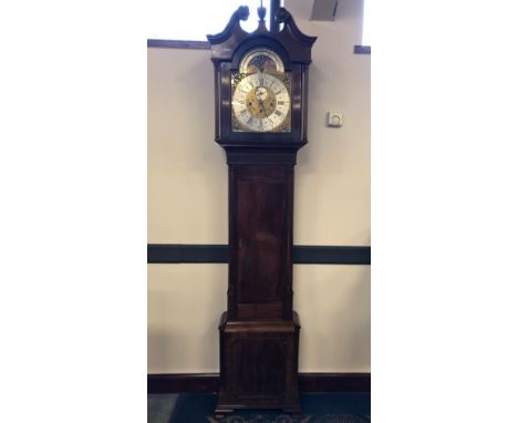 Early 19th Century figured mahogany cased longcase clock by John Smith of Chester, the 32 cm wide dial with gilt brass spandr