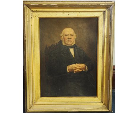 Late 19th Century School - Oil painting - Three quarter length portrait of a seated man, board 40cm x 28cm, gilt frame (frame