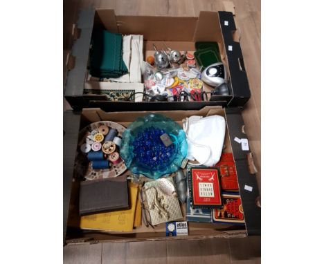 2 BOXES OF MISCELLANEOUS INC BADGES LAMP BRASS LIZARD ETC