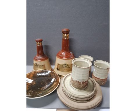 2 BELLS SCOTCH WHISKY DECANTERS TOGETHER WITH ASSORTMENT OF POTTERY INC UPTON POTTERY ETC