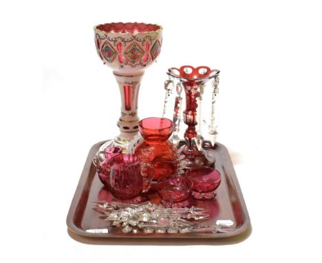 A tray of Victorian glass including a flash glass table lustre; a ruby glass table lustre; and a group of cranberry glass