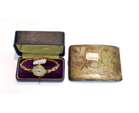 Ladies 9 carat gold cased wristwatch; together with: a Chinese Export silver cigarette-case, maker's mark LYH, possibly for L