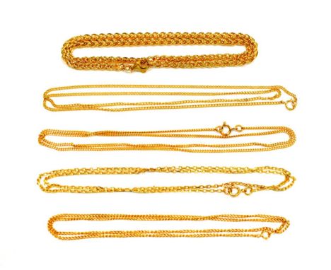 Four 9 carat gold chains; and a chain with clasp stamped '750', varying lengths and designs .  4 9 carat gold chains - 25.3 g