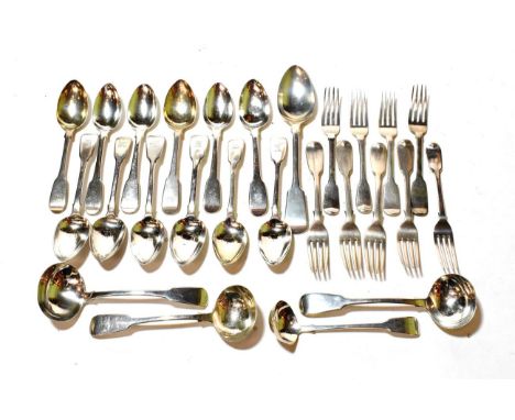 A collection of George III and Later Fiddle pattern flatware, comprising: one table-spoon; nine dessert-forks; twelve dessert