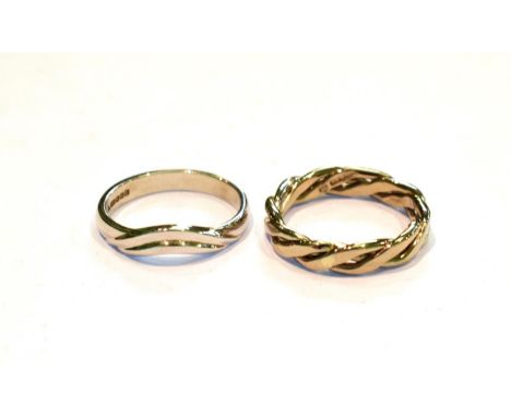 An 18 carat white gold plaited band ring, finger size L1/2; and an 18 carat white gold curved band ring, finger size L .  Gro