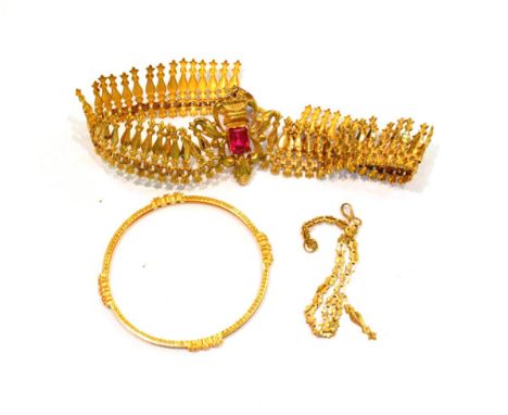 An Eastern yellow metal gem set necklace, stamped '22CT' (a.f.); and a bangle stamped '22K'. Gross weight 51.2 grams. 