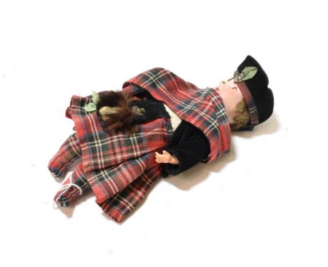 German Armand Marseille 390 bisque socket head doll in traditional Highland costume with beret, shoes and sporran, 27cm high
