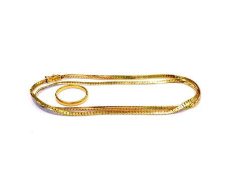 A 22 carat gold band ring, finger size L; and a herringbone chain stamped '14K', length 46.5cm.  Band ring - 2.8 grams. Chain