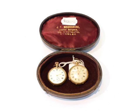 An 18 carat gold lady's fob watch; together with a gold plated example (2)