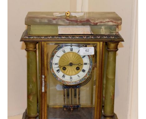 A green onyx champleve enamel striking mantel clock, circa 1890