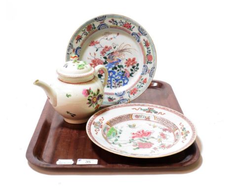 Two 19th century Chinese Export plates (one a.f.), together with an 18th century English porcelain teapot, possibly Worcester