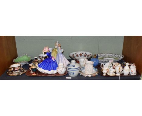 A shelf of china and ornamental items including Doulton figures, Royal Crown Derby etc