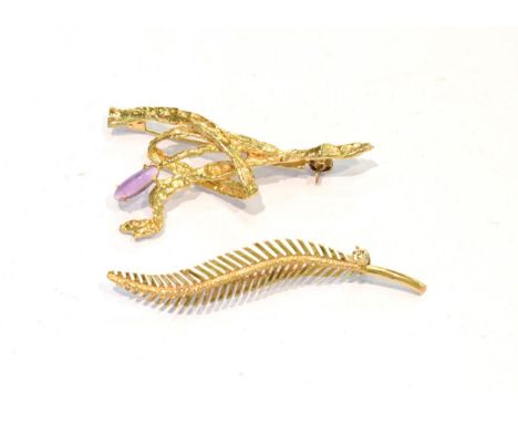 An abstract 9 carat gold brooch, length 5.2cm; together with a feather brooch, length 5.9cm .  Abstract brooch - 6.5 grams. F