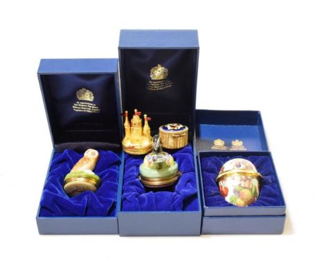 Two Halcyon Days enamel bonbonnieres in the form of a Carolina Wood duck and a brown owl, a Halcyon Days enamel box 'Summer F