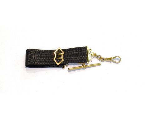 A 9 carat gold and black ribbon watch fob with bar