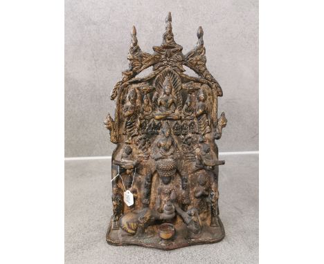 JAIN - ALTAR, Bronze, dunkelbraun und hellbraun patiniert, Indien, 19./20. Jh.; architektonischer Aufbau in mehreren Ebenen m