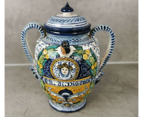 ALBARELLO / APOTHEKERGEFÄSS, 20. Jh., Italien, Majolika, auf Klebeetikett im Deckel bezeichnet "Ceramiche Bertini / HAND MADE