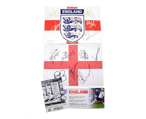 Signed England A4 badge and flag, with two England U21 ticket stubs vs Wales U21 05/03/2014