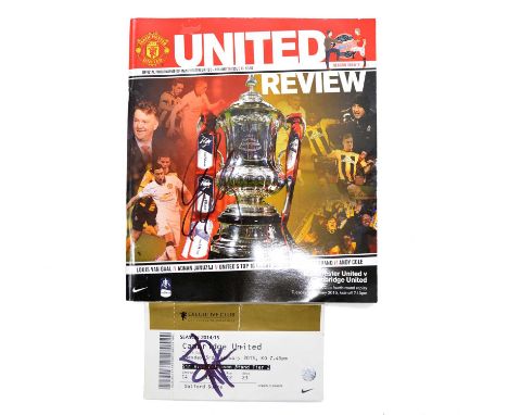 Manchester United matchday programme, vs Cambridge United 03/02/2015, cover signed by Falcao, with signed ticket stub