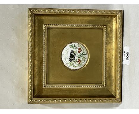 A 19th Century Royal Worcester plaque painted with a flying insect and foliage. 2¼" diam. Gilt framed.