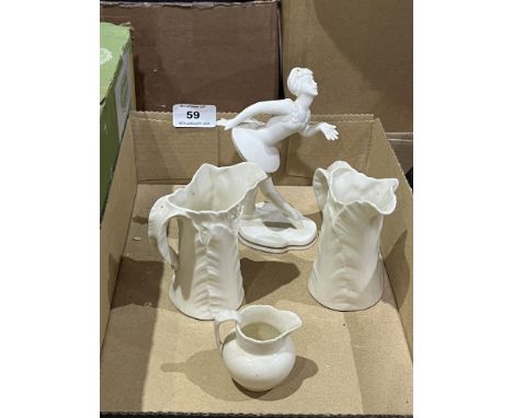 A Royal Worcester ballerina figure 'Soubrette' together with a pair of Royal Worcester white glazed leaf moulded jugs (one ch