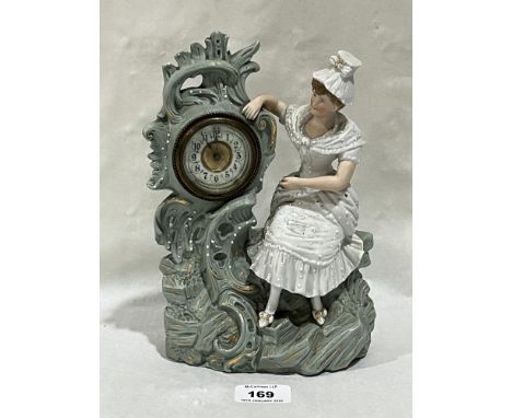 An early 20th Century rococo revival figural bisque porcelain mantle clock. 9½" high.